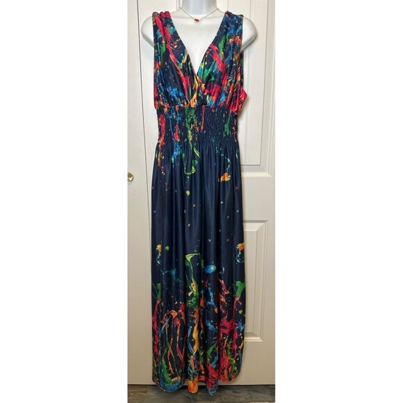 TianmeiHeyi Colorful Abstract Print Maxi Dress With V-Neck & Smocked Waist, 4XL - Picture 1 of 10